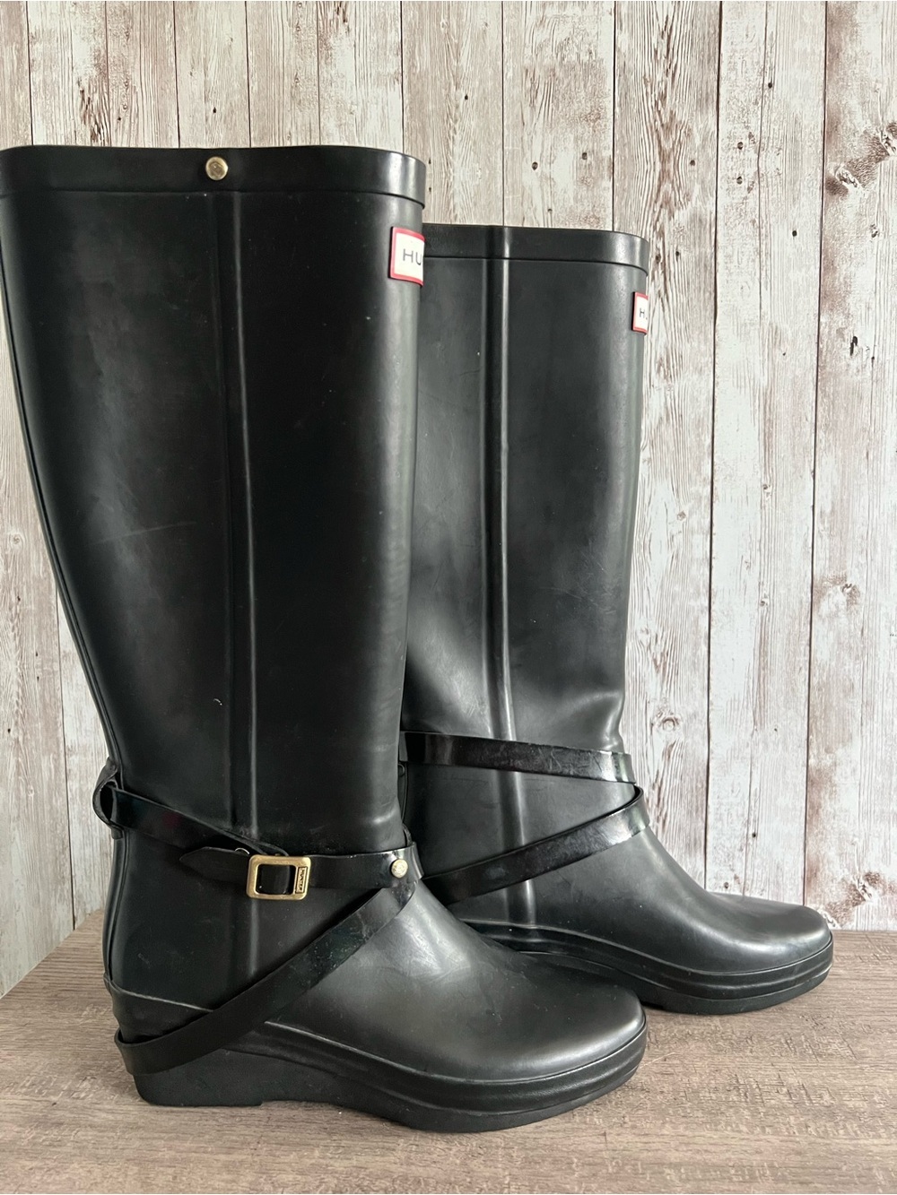 Hunter Andora Wedge Black Tall Rain Boots Preppy Cottage Country English Size 6